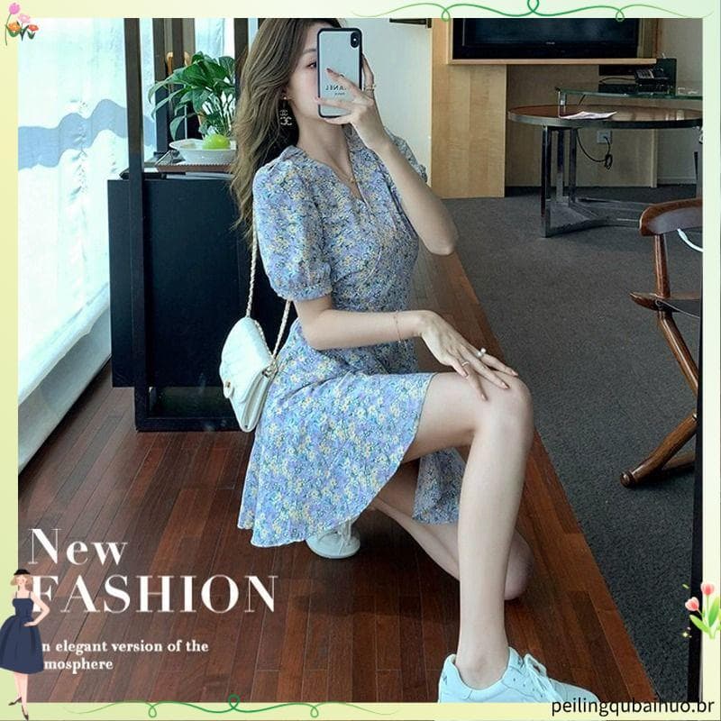 Verão francês novo estilo pequeno fresco primeiro amor estilo suave chá Break Chiffon Puff manga vestido Floral feminino