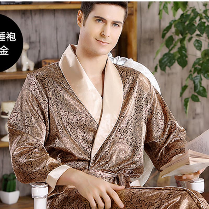 Camisola de seda masculina estilo fino imitação de seda pijamas de manga comprida roupão masculino Plus Size 8/3