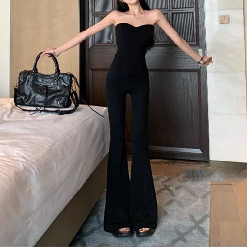 Menina quente tubo superior colete preto feminino verão Micro-queimado calças casuais chão calças compridas estilo irmã