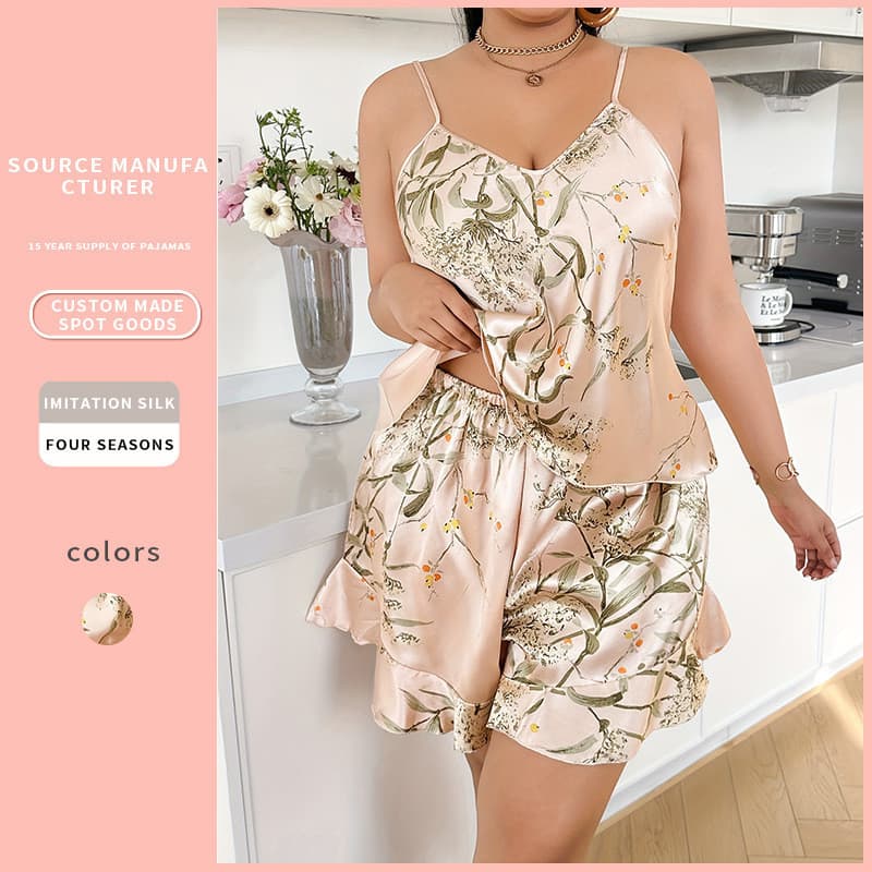 Cross-Border novo estilo simulação seda impresso estilingue pijamas conjunto feminino primavera verão Homewear estilo si