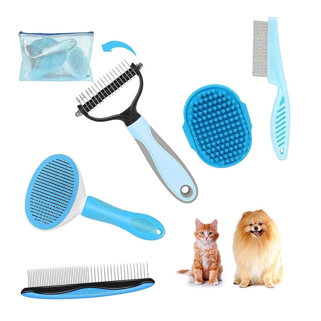 Kit de Higiene 5 em 1 - Acessórios para Cães de Pelo Curto e Longo, Escova de Banho, Raspador e Pente (Conjunto de 5, Az