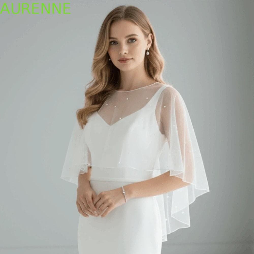 Capa de Renda para Noivas AURENNE, Acessórios de Xale de Pérolas em Malha de Poliéster Branco, Capa Curta para Casamento