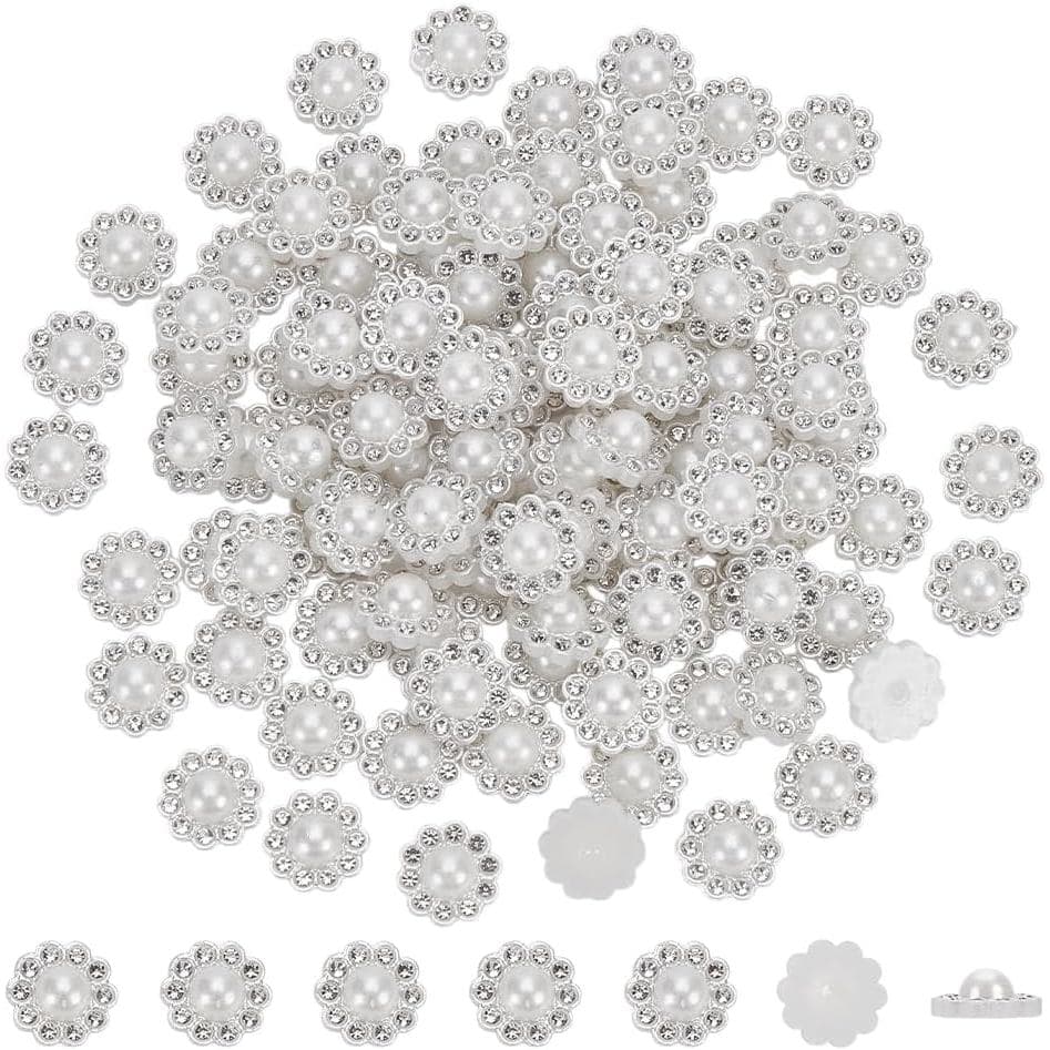 FINGERINSPIRE 100 PCS Botões de Pérola Falsa com Strass 0,51x0,53x0,24 polegadas Botões de Pérola Brancos com Fundo Plan
