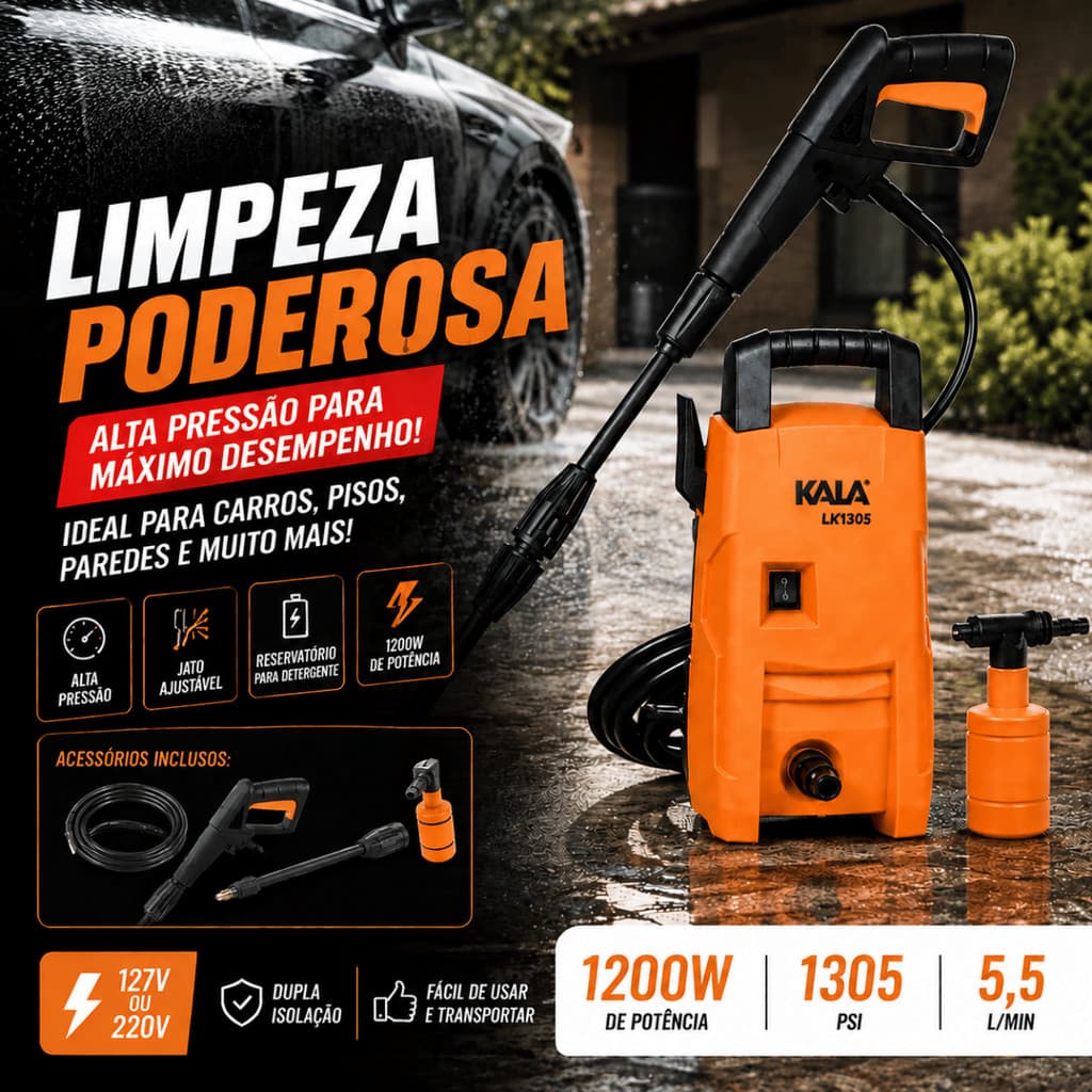 Lavadora de Alta Pressão  Potente Compacta 1200W Porta Detergente 1305PSI 1200W Lava Jato com Jato Regulável