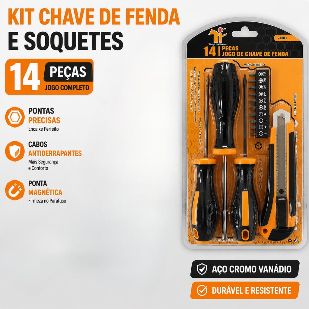 Jogo de Chaves de Fenda e Phillips 14 Peças | Kit Chave de Fenda + Bits + Estilete Profissional para Reparos Domésticos