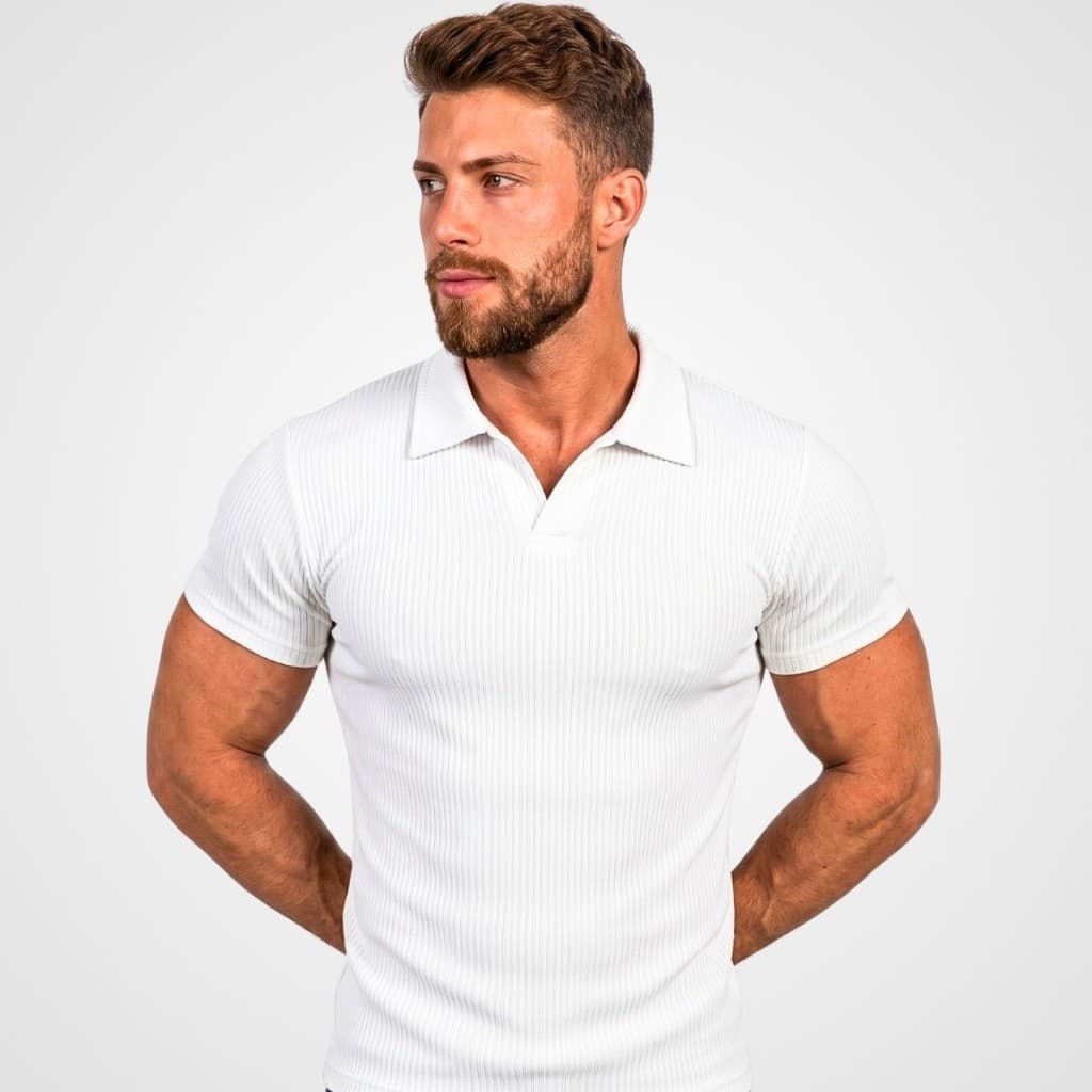 Camiseta Polo Canelada Masculina camisa Italiana Gola V Slim Fit Manga Curta Casual Confortável