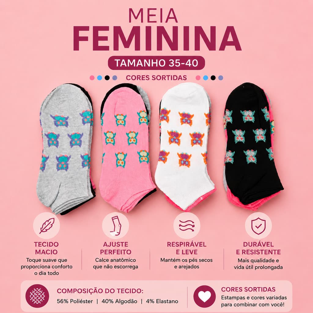 Kit 12 Pares Meias Femininas Soquete Confortáveis Sortidas Tam 35-40