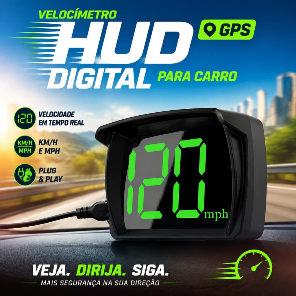 Velocímetro Digital HUD GPS Para Carro Display De Velocidade KM/H MPH Visor Grande Plug & Play