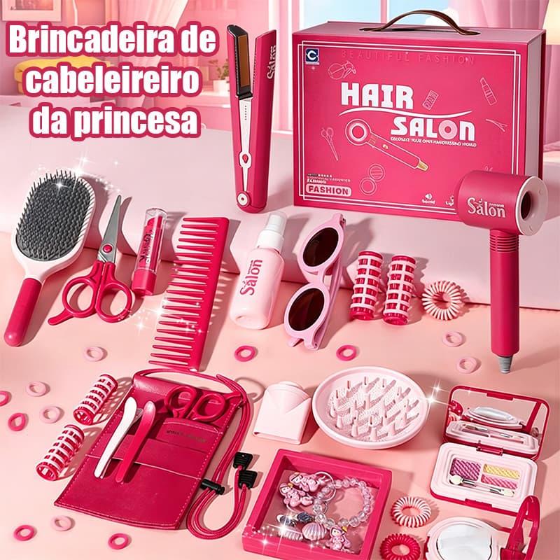 Kit Salão de Beleza Princesa - Conjunto Completo Brinquedo Cabeleireira Infantil com Secador, Babyliss e Acessórios