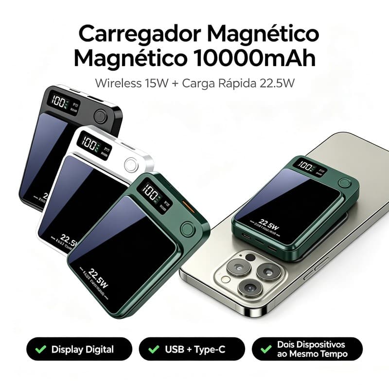 Power Bank de Indução 10000mAh – 15W Sem Fio para iPhone 12-17 AIRER.BR