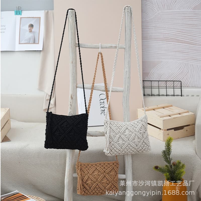 Bolsa clutch simples com franjas, bolsa vintage de corda de algodão tecida à mão, bolsa transversal feminina, bolsa de p