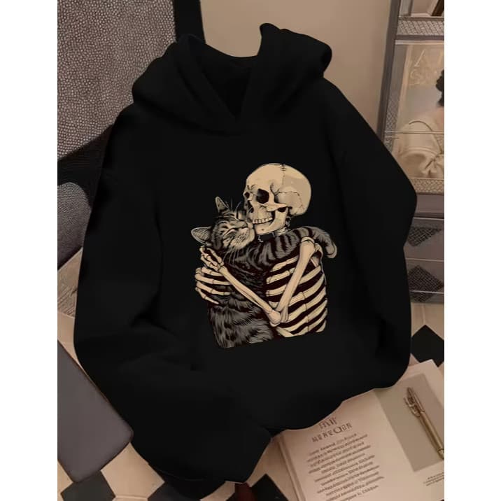 Moletom Canguru Skull Cat Gato Caveira Estampado Unissex Streetwear Casaco Flanelado Com Capuz