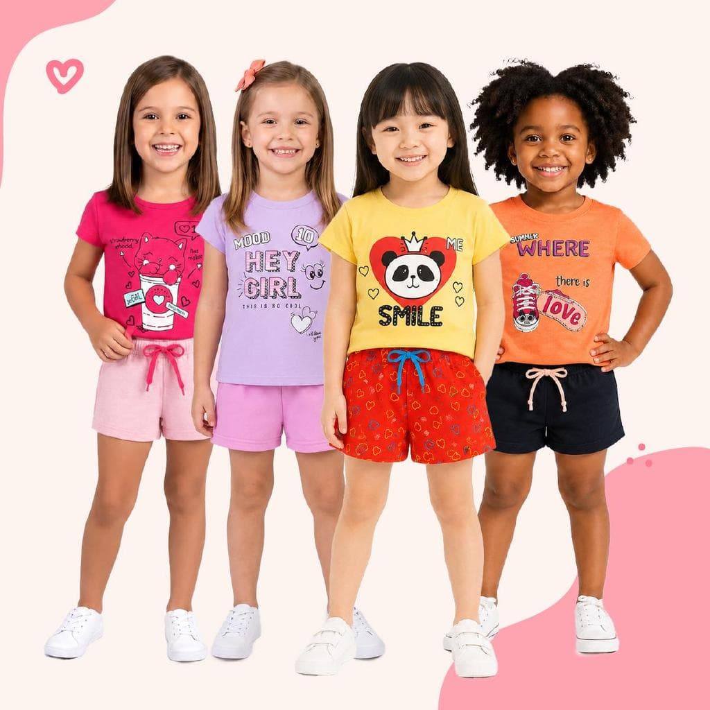 Kit 10 Peças Infantil Menina 1 ao 14 Anos | 5 Blusas + 5 Shorts