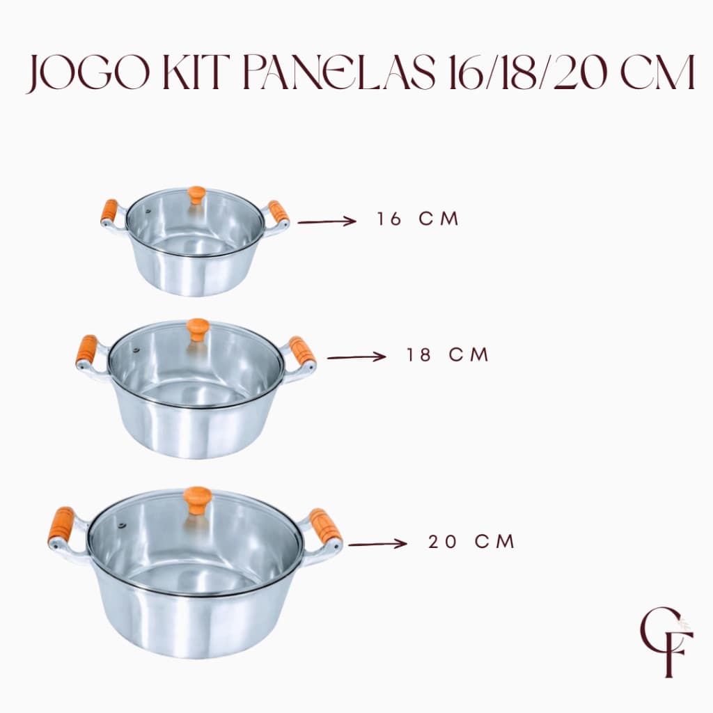 Jogo Kit Panelas 16/18/20 cm Aluminio Batido Caçarola 3 Peças Com Tampas de Vidro