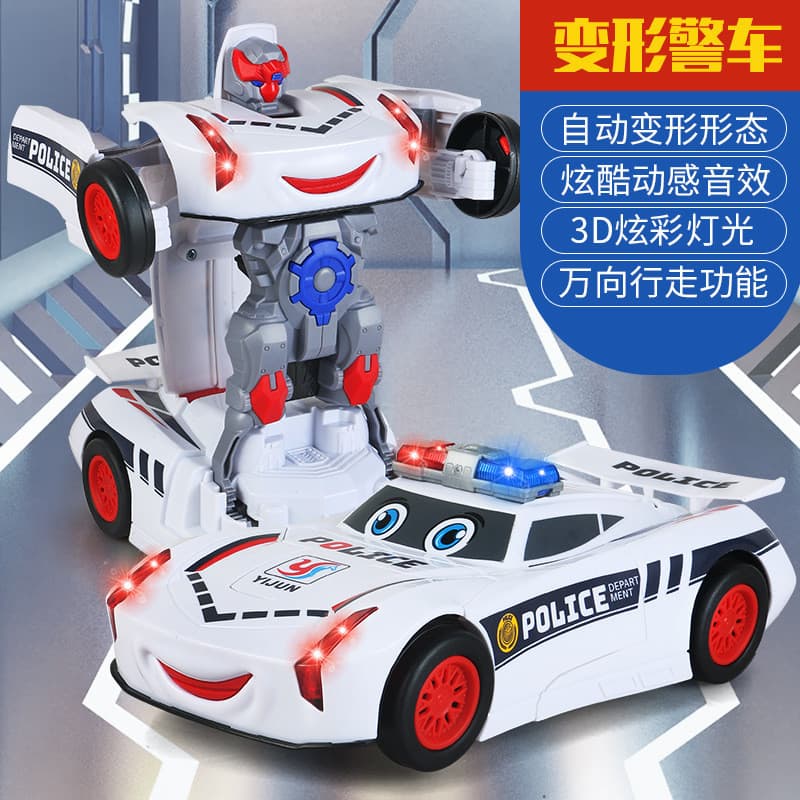 Carro Policial Robô Transformável Elétrico com Luzes, Música e Rotação, Brinquedo Universal para Meninos, Carro de Brinq