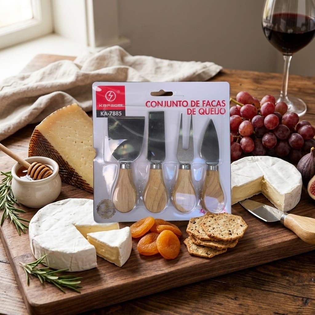 Facas para Queijo em Aço Inoxidável Jogo 4 Unidades Espátula Garfo e Cortador para Tábua de Frios e Vinho