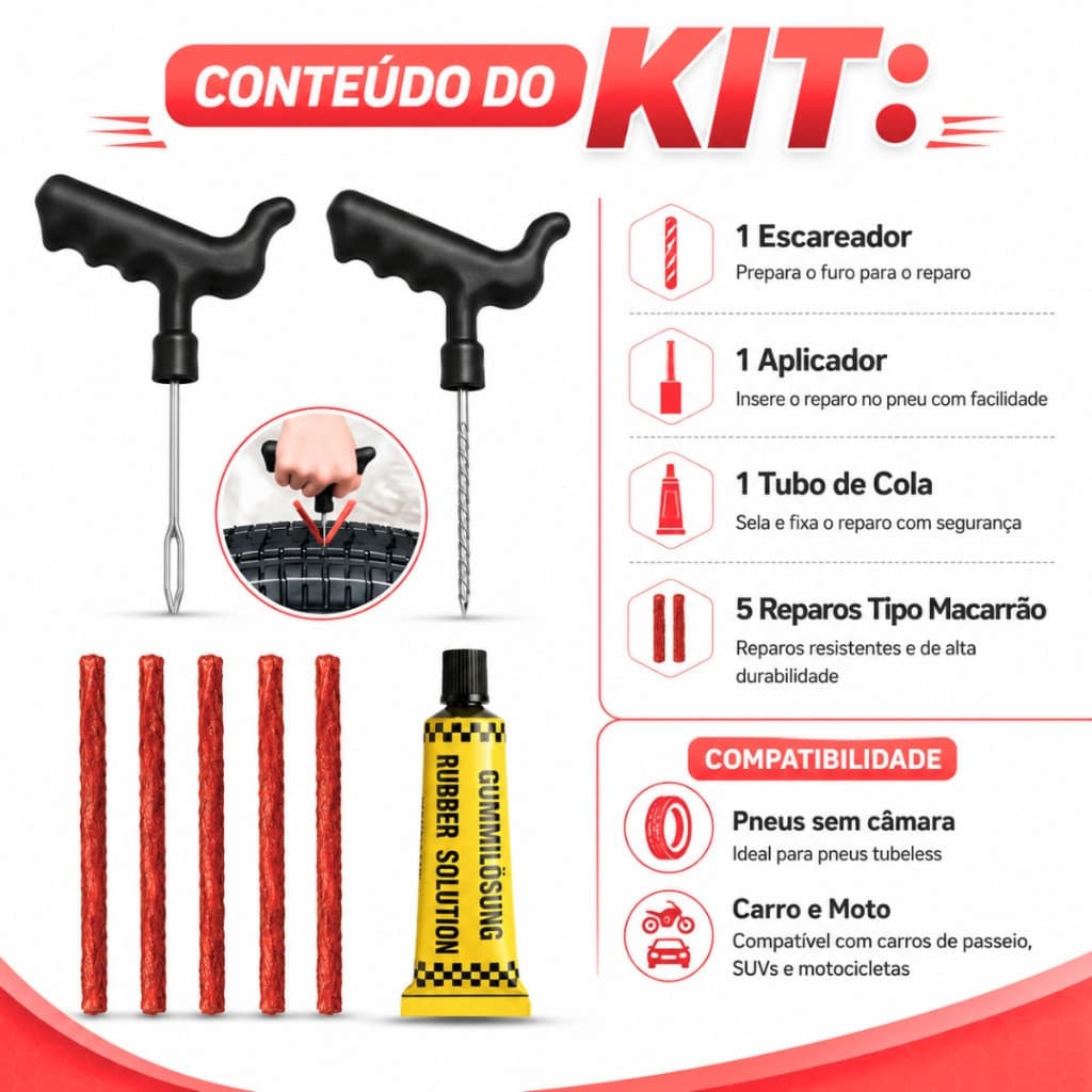 Kit Reparo Remendo Macarrão De Pneu Sem Câmara Carro Moto