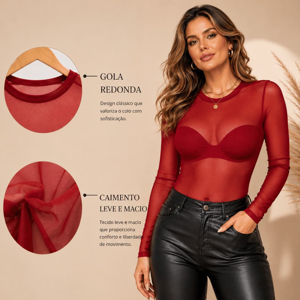 Body Tule Com 1/2/3 Peças Manga Longa Feminino