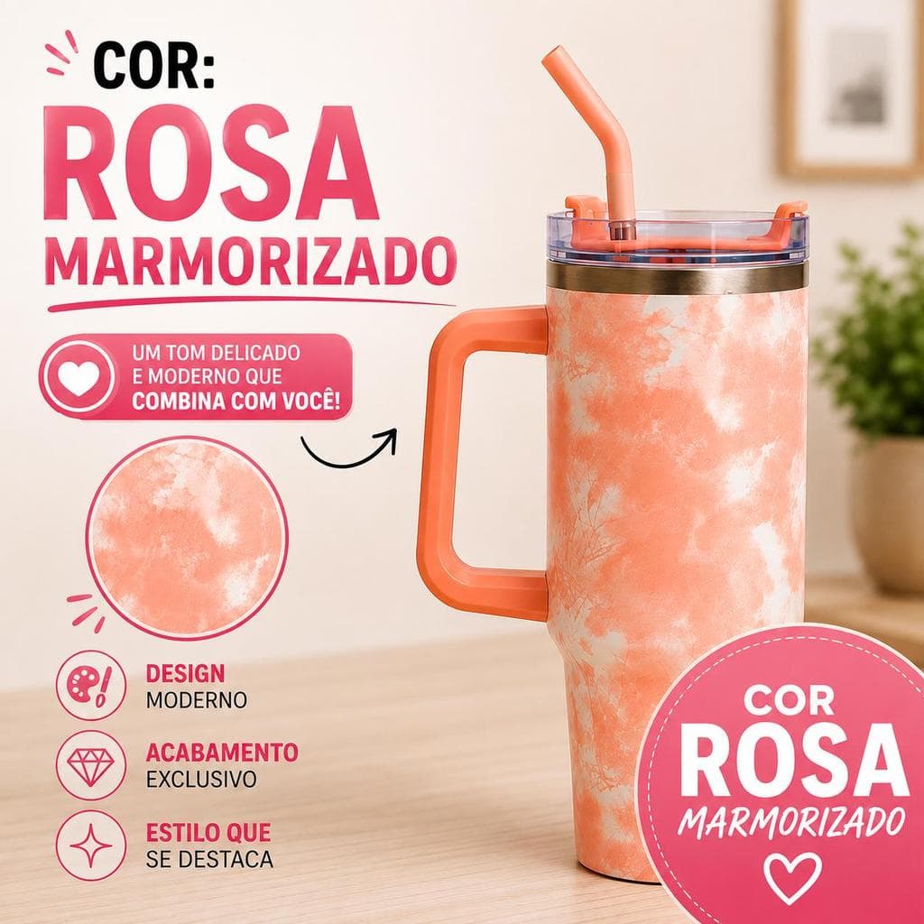 Copo Térmico Marmorizado 1200ml Com Alça Tampa e Canudo Garrafa Inox Quente e Gelado Estampado