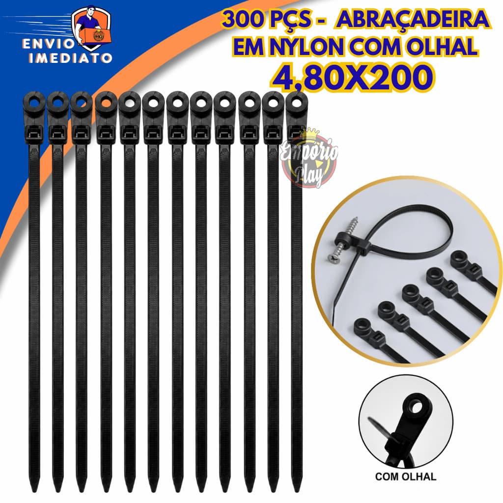 Jogo Abraçadeira Enforca Gato Com Olhal 4,80x200mm Preta Amarração Fios Quadros Elétricos Garantidos