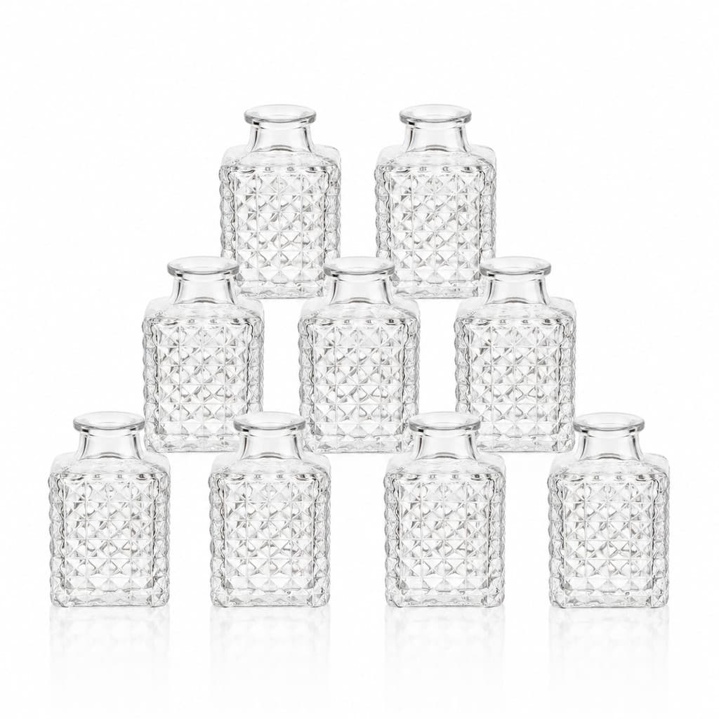 Kit 10 Mini Vasos Decorativos de Vidro Transparente com Relevo Geométrico 9 cm