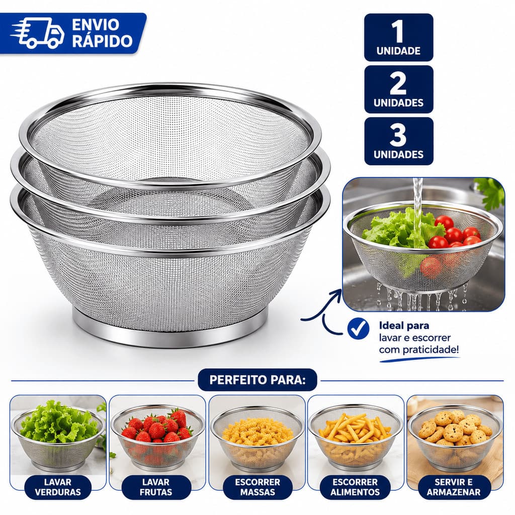 Cesto Escorredor Inox 25cm para Lavar Alimentos 1 2 3 Unidades