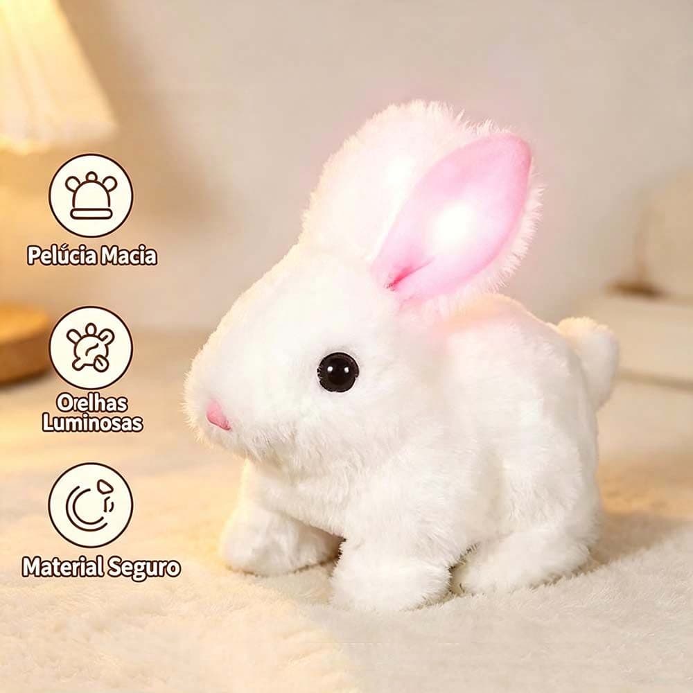 Coelho de pelúcia elétrico com orelhas luminosas, faz som, caminha e pula, presente infantil