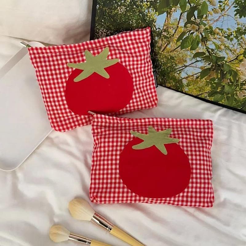 1 peça de bolsa portátil para higiene pessoal, fofa, de grande capacidade, xadrez vermelho tomate, bolsa de maquiagem si