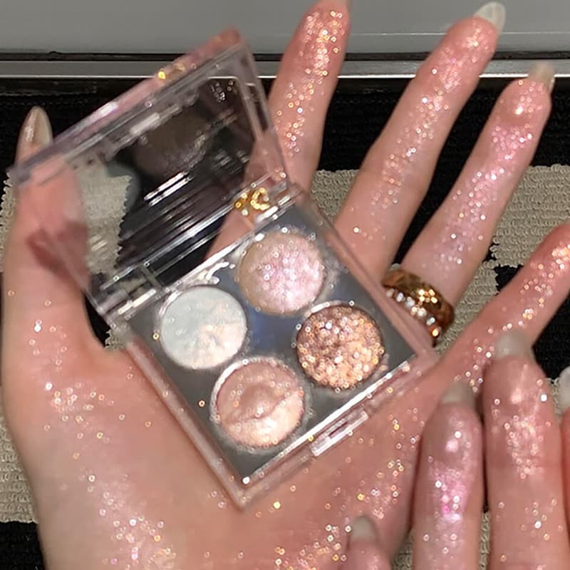 Paleta de Sombras Planet com Glitter Diamante de Quatro Cores, Roxo Aurora Metálico Brilhante, Pó Compacto de Alto Brilh