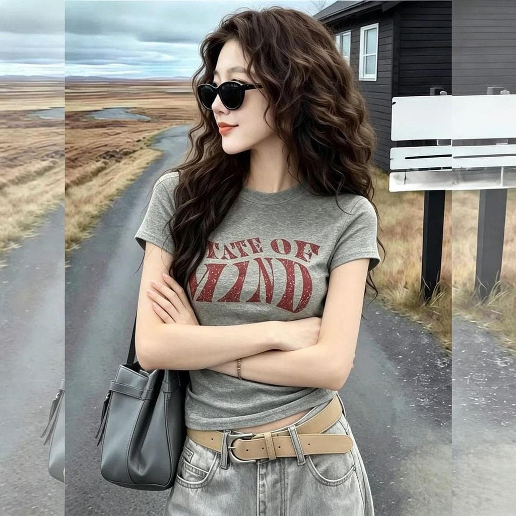 [Promoção por tempo limitado] Camiseta americana retrô flor cinza gola redonda ombro genuíno de manga curta, 2026 novo e