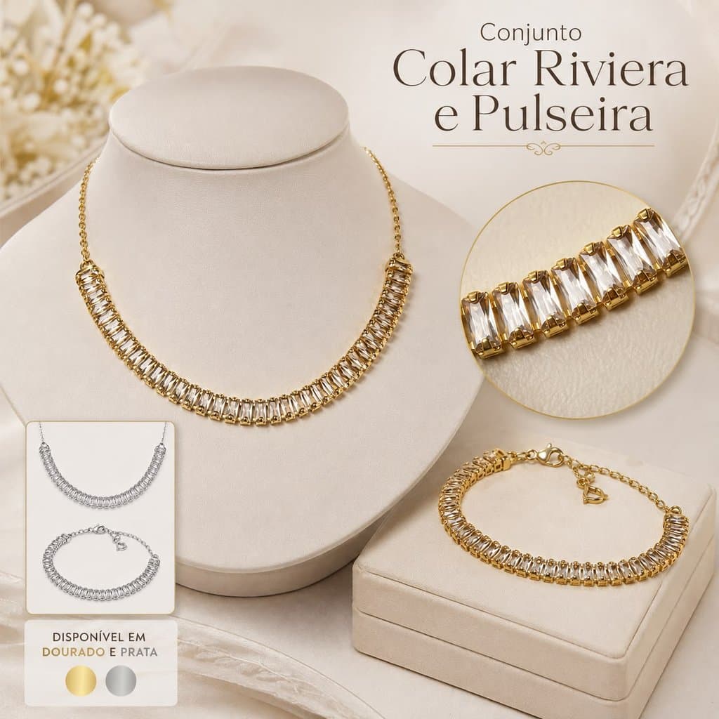 Kit Colar e Pulseira Riviera Feminino com Pedras Dourado Prata 2 Peças