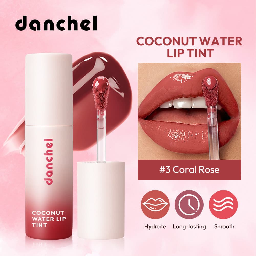 O batom líquido de água de coco Danchel é hidratante, não borra e proporciona um aspecto brilhante aos lábios.