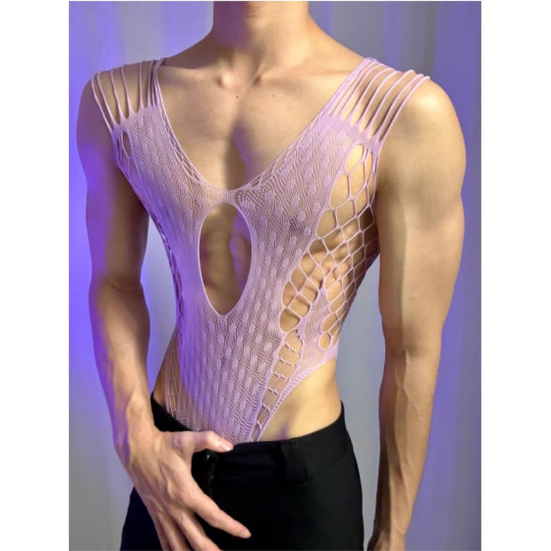 2026 novo estilo piso concha roupa interior masculina sentimento pijamas de uma peça malha perspectiva oco Fishnet tenta