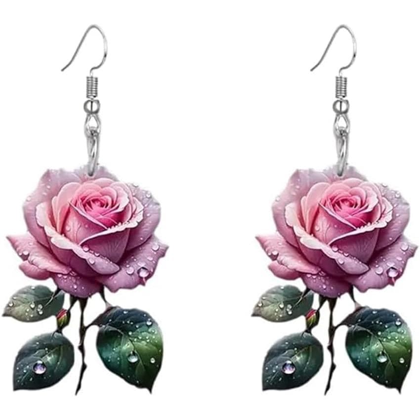 Brincos Pendentes de Acrílico com Flor Rosa para Mulheres, Estilo Retrô Boho, Leves, com Pétalas Florais e Folhas Verdes