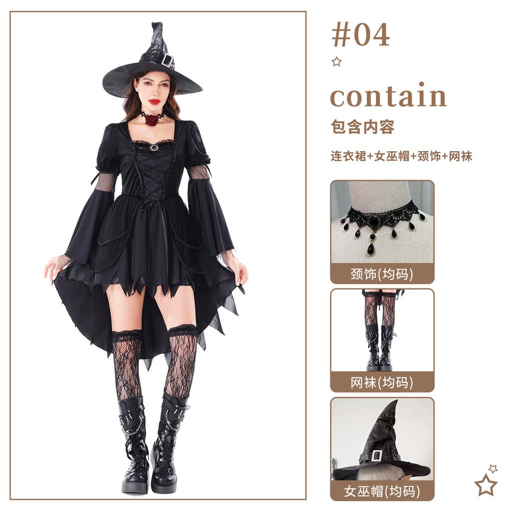 Traje de bruxa de Halloween adulto preto vestido gótico traje de desempenho de palco Mori chapéu de bruxa traje de desem