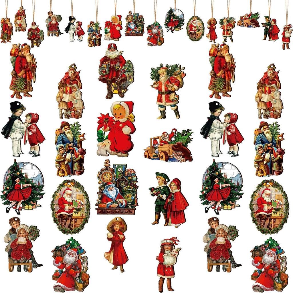 Sawysine 48 Peças de Enfeites de Natal Vintage em Madeira, Decorações de Natal Retrô em Lote, Enfeites de Papai Noel par