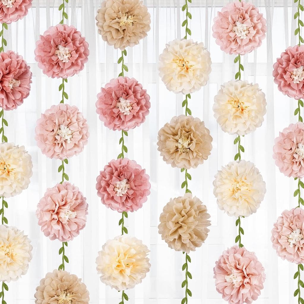 Flores de Papel Kriyokiaa, Guirlandas de Pompons de Papel Rosa Claro Estilo Boho, Decorações de Flores Penduradas para C