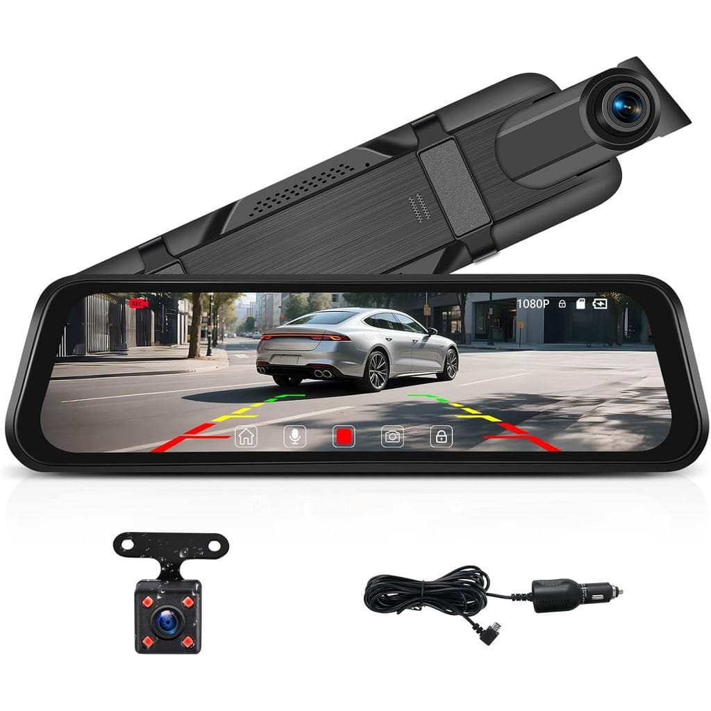 CAMECHO Câmera Veicular com Espelho Retrovisor, Tela Touchscreen IPS FHD 1080P de 9,66", Câmera Frontal e de Ré para Car