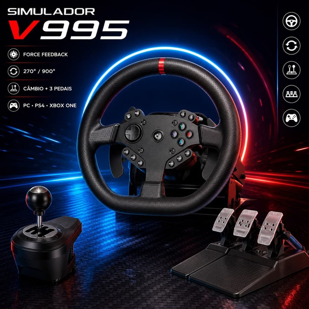 Kit Volante Gamer V995 Force Feedback 270°/900° com Câmbio Manual e 3 Pedais PS4 Xbox One PC