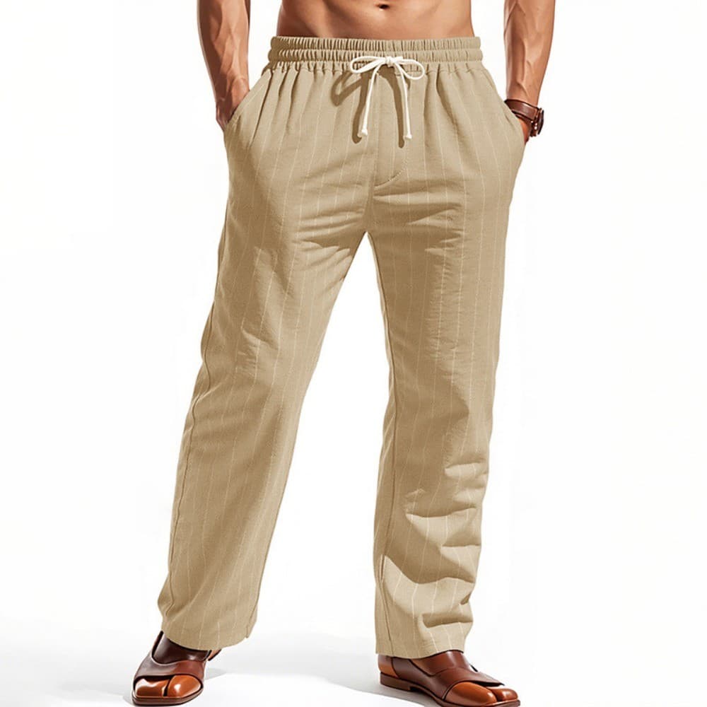 BOOTRENDY Calça Masculina De Linho De Algodão Listrada Vertical Com Cordão De Perna Reta Respirável Inteligente Casual P