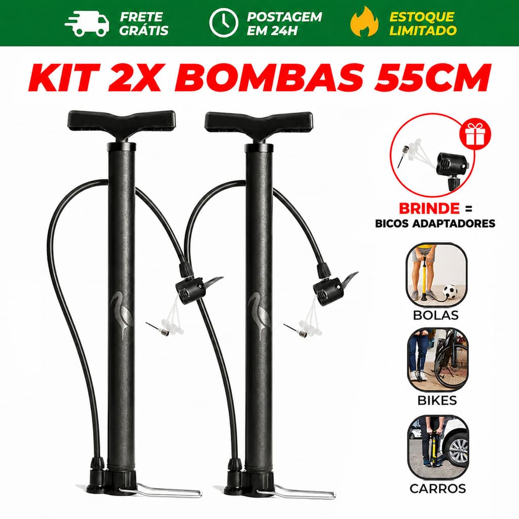 2 Bomba de Ar FBG 55cm Encher Pneu Moto Bike Bola Boia