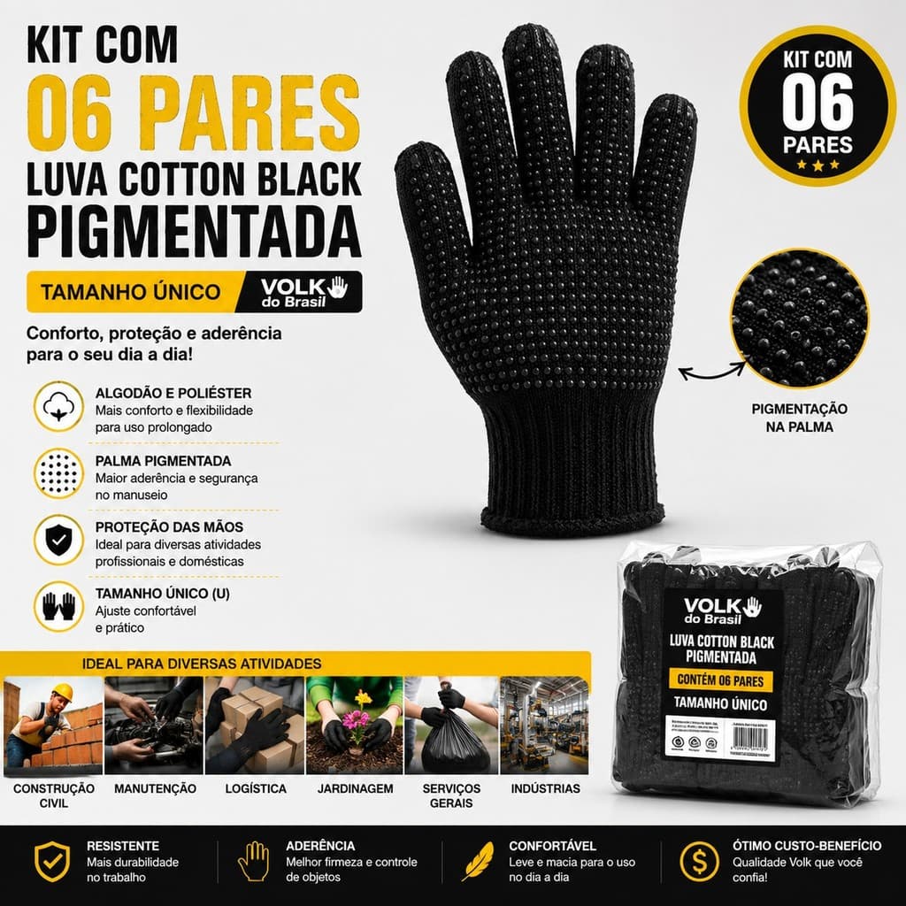 Kit Luva Cotton Black Pigmentada Volk CA 36347 Volk Luva Malha Preta Obras Construcao Manutencao