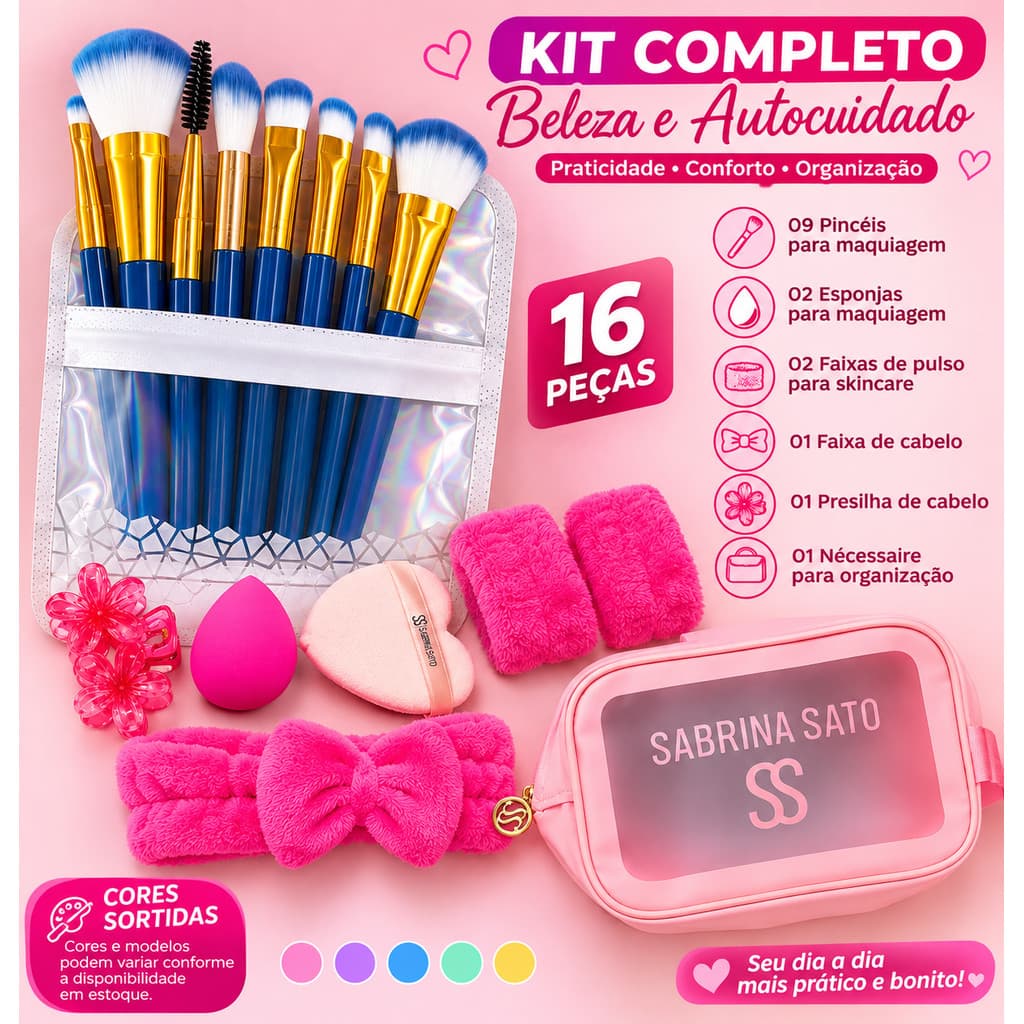 KIT COMPLETO DE MAQUIAGEM E AUTOCUIDADO – 16 PEÇAS
