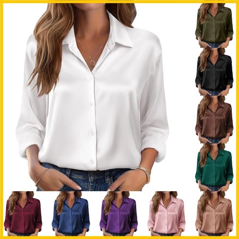 Blusa Feminina Outono Comprida Cetim Botões Elegante Seda Sensação Negócios