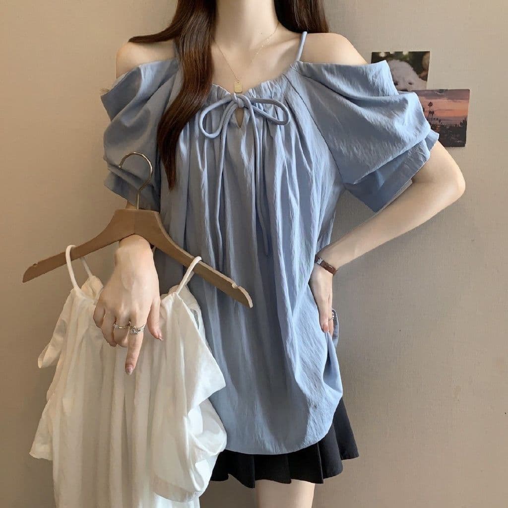 Tamanho grande cordão estilingue de um ombro camisa de manga curta feminina novo estilo gordura mm solto mais magro olha