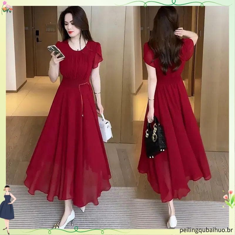 Novo estilo chinês estilo chinês temperamento Chiffon vestido feminino verão novo estilo moda cintura estreita mais magr