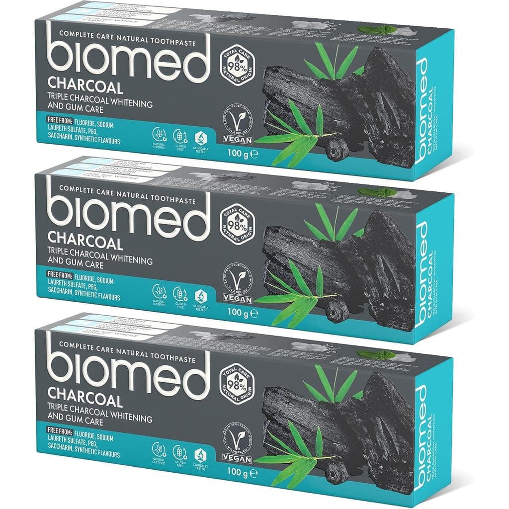 Pasta de Dente Clareadora Biomed Triple Charcoal 98% Natural |   Cuidado das Gengivas, Carvão de Bambu |   Vegano, sem S