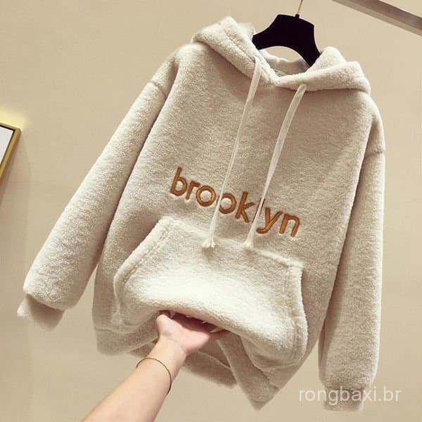 Cor sólida imitação de lã de cordeiro moletom feminino forro de lã engrossado outono inverno roupas versão coreana estud