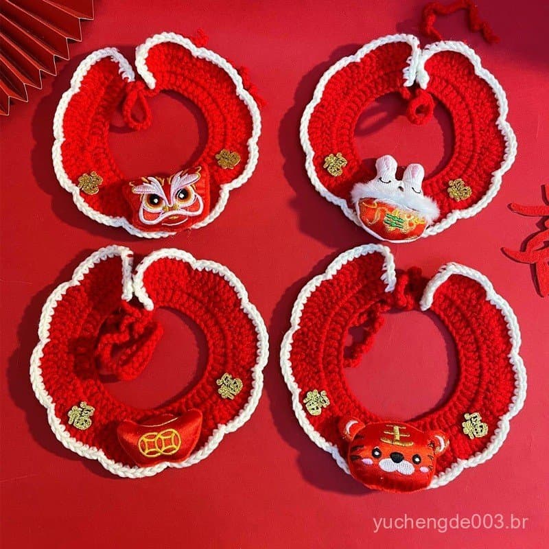 Coleira da sorte para gatos e cães, lenço vermelho para coelhos, chapéu da sorte de lã feito à mão, presente e vestuário