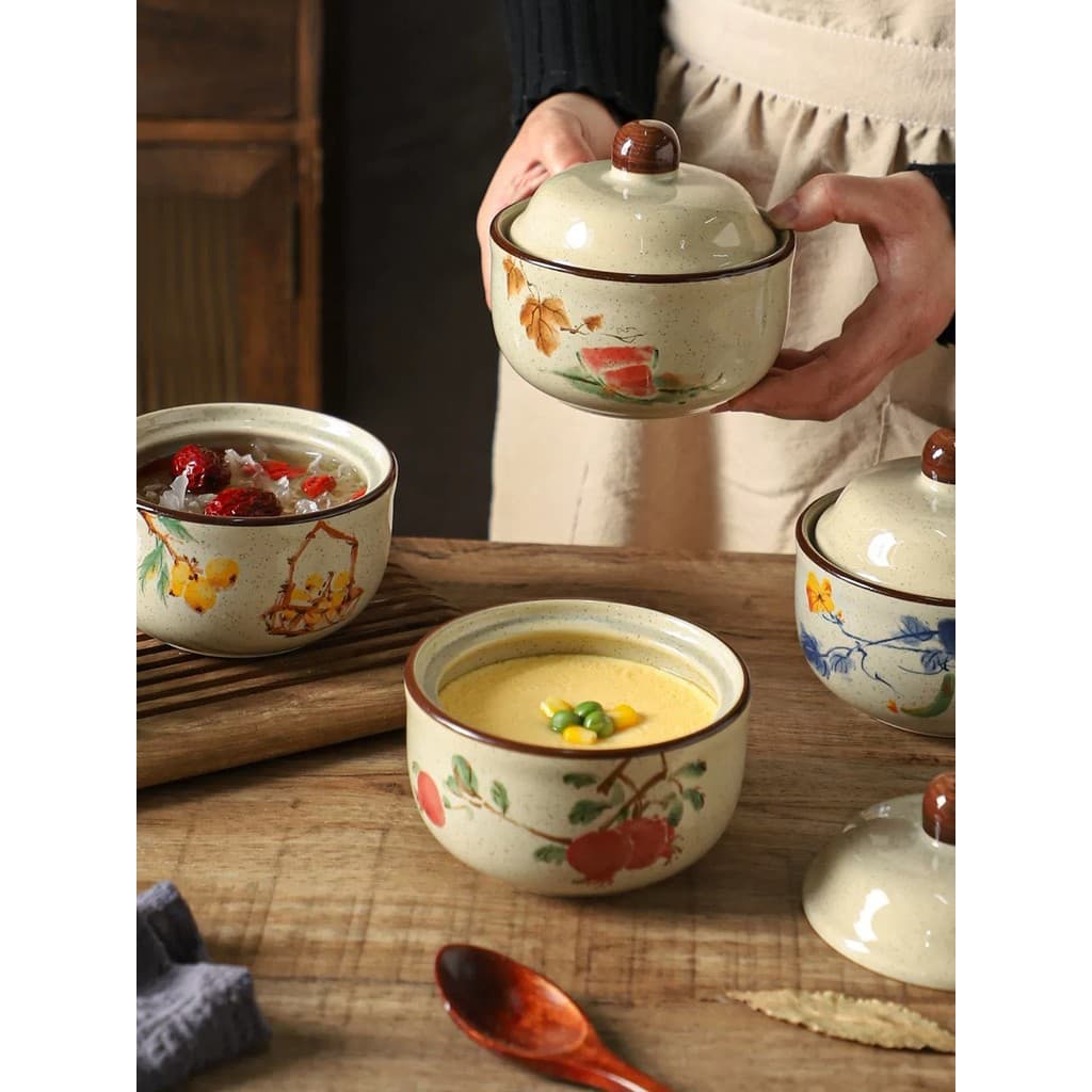 Copo de guisado pequeno de cerâmica estilo chinês Copo de sopa de guisado à prova d'água Panela de sopa Tigela de ovo co